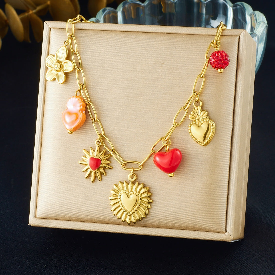 Vintage Elegant Gold Plated Drip Oil Heart Floral Stainless Steel Pendant Curb Chain Jewelry Set for Women