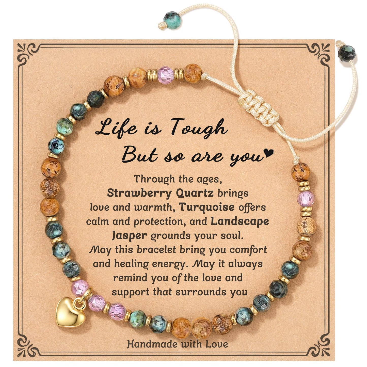 Elegant Natural Gemstone Heart Cross Pendant Adjustable Bracelet for Women