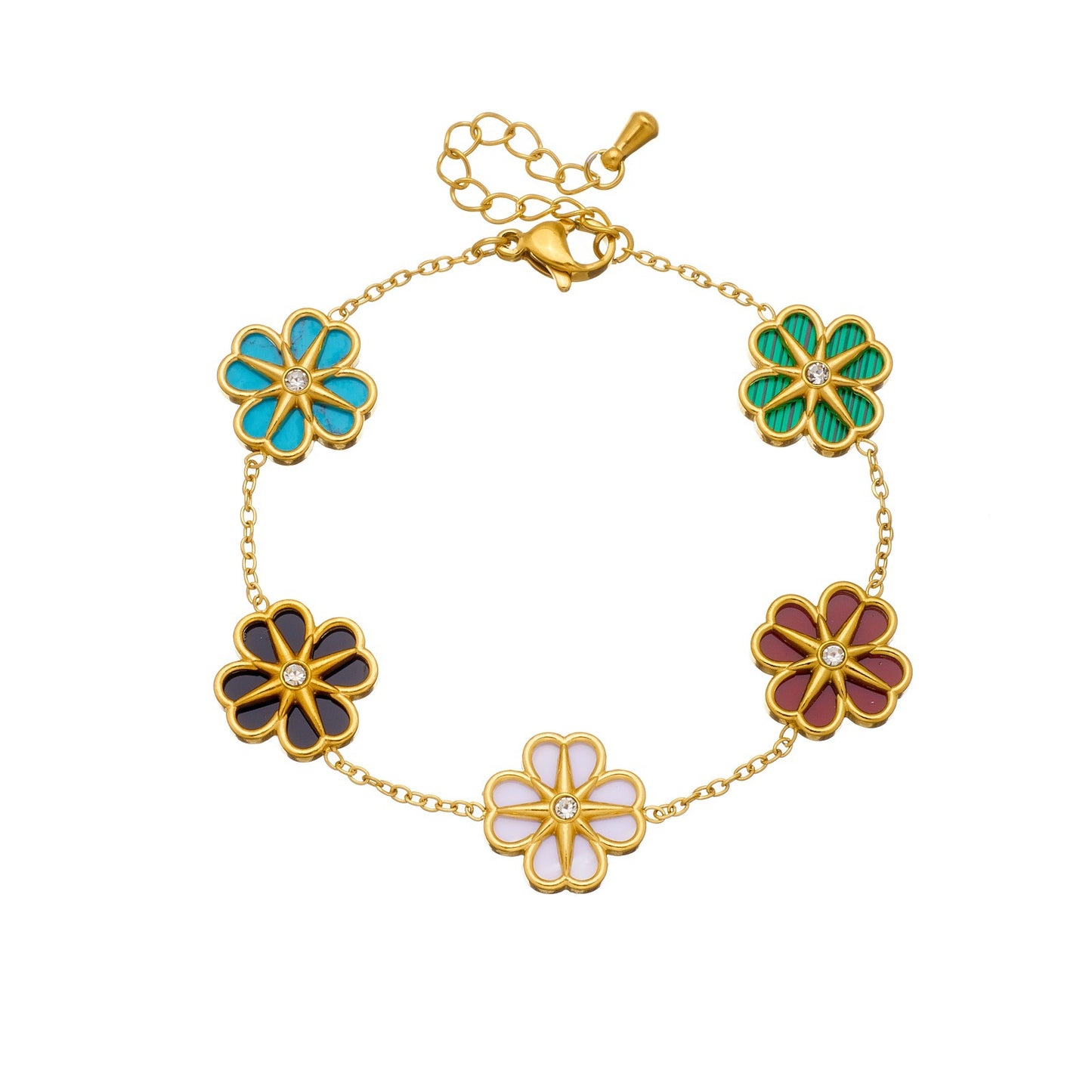 Elegant Gold Plated Stainless Steel Daisy Flower and Eight-Pointed Star Rhinestone Pendant Bracelet for Women