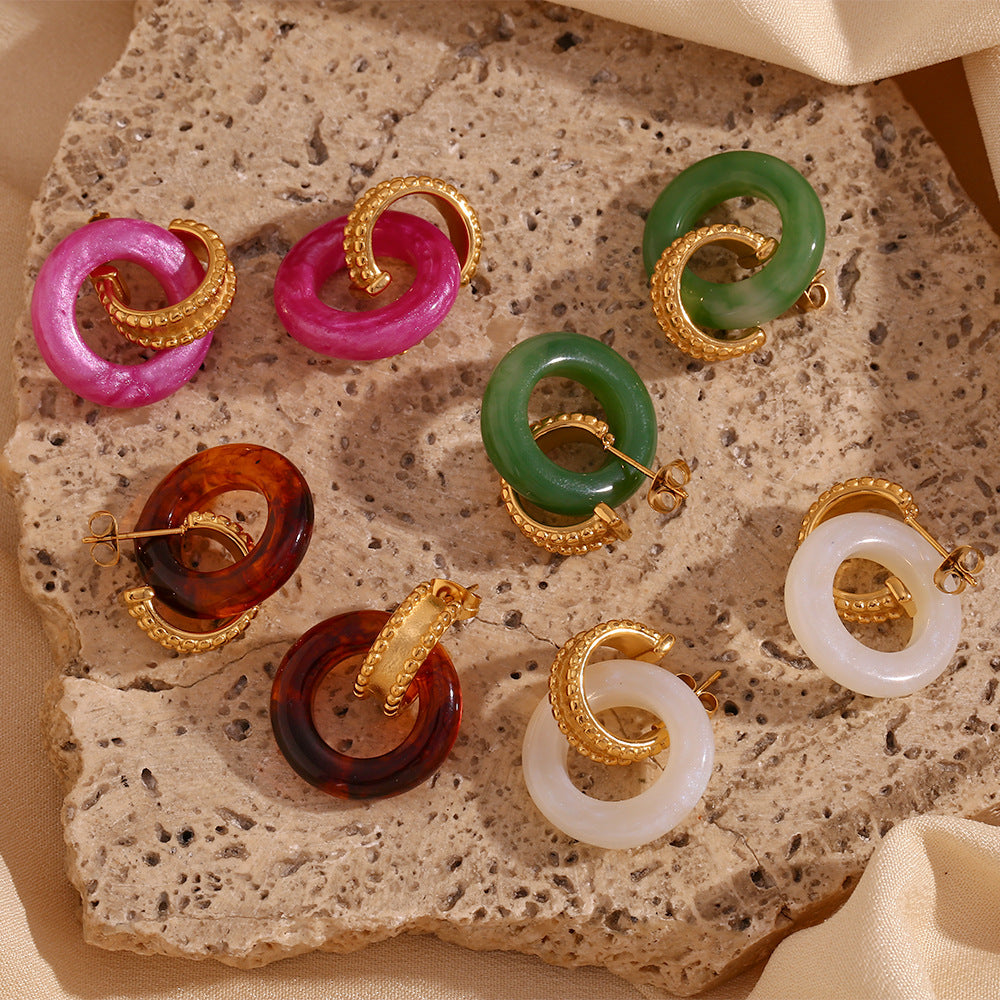Vintage-Inspired Geometric Stainless Steel Earrings with 18K Gold Plating, Contrast Acrylic Beads and Rolled Edge Detail