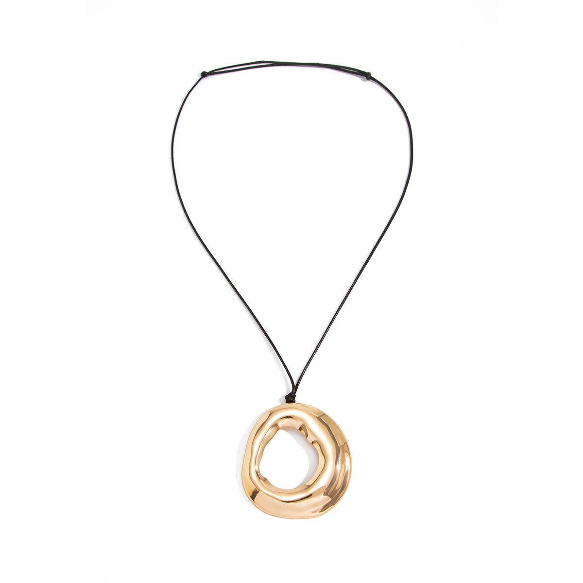 Minimalist Geometric Oval Hollow Metal Pendant Leather Cord Necklace for Women