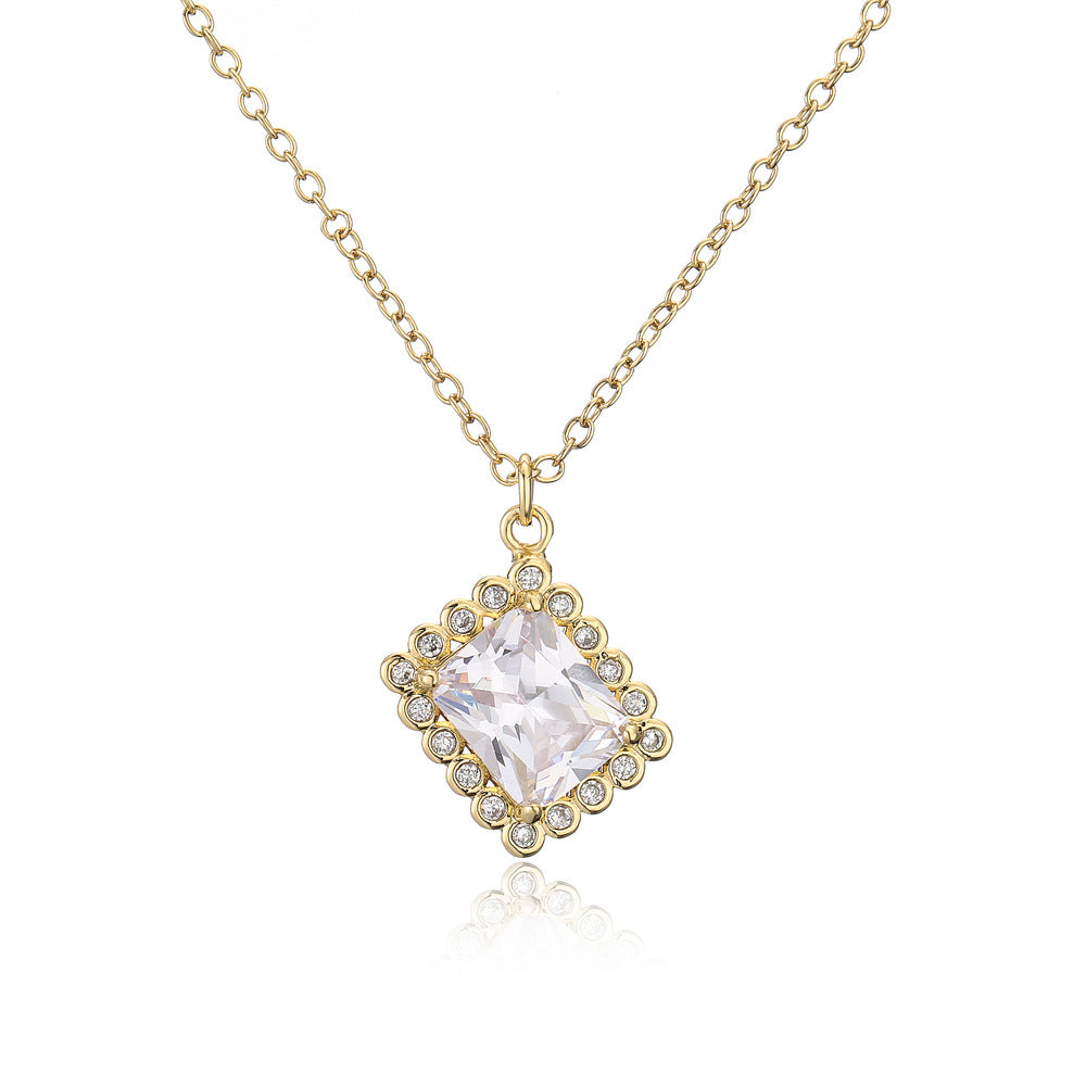 INS Style Geometric Green Zircon Pendant Necklace for Women with Copper Base and 18K Gold Plating