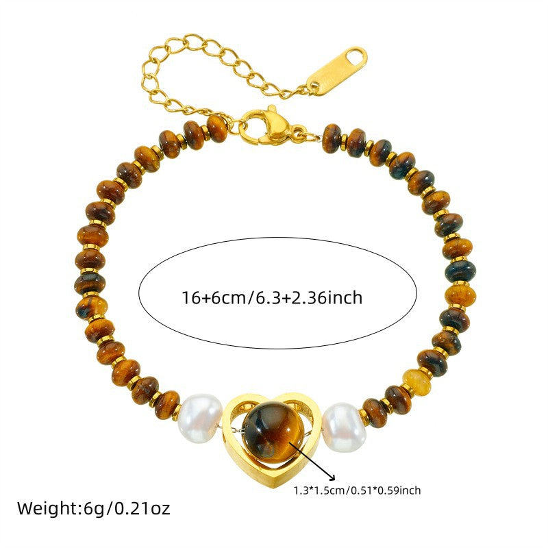 Vintage Oval Heart Gemstone Beaded Chain Bracelet