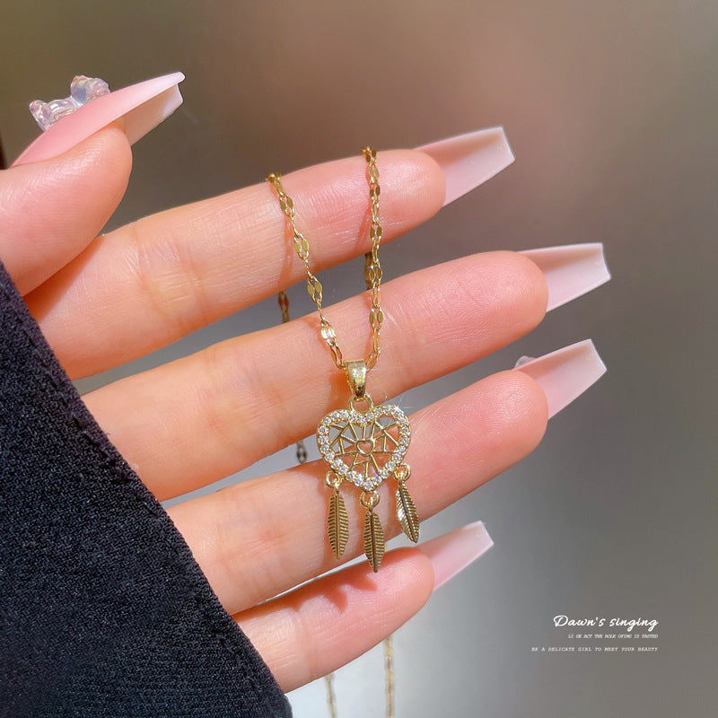 Luxury Natural Fresh and Sweet Feather Geometric Titanium Steel Collar Necklace with Rhinestone Inlay