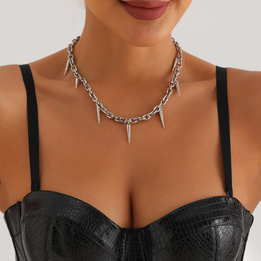 Punk Style Geometric Pendant Necklace with Studs and Plated Metal for Women Clavicle Chain