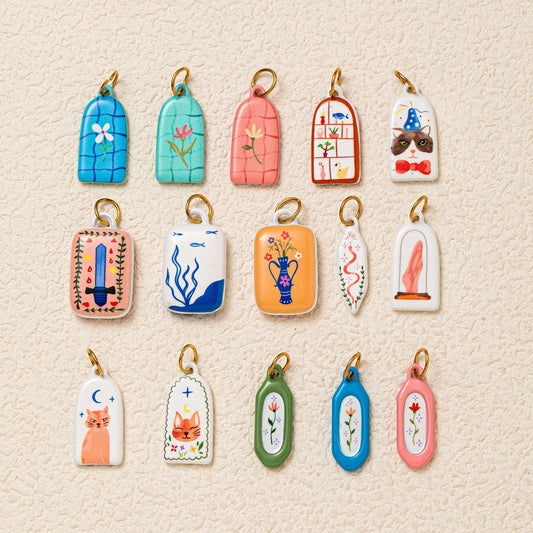 Vintage Cartoon 18K Gold Plated Drip Oil Stainless Steel Charm Bar for Women
