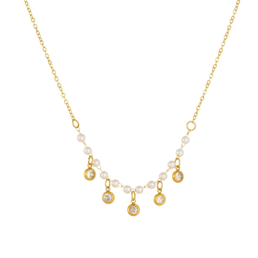Minimalist Elegant Round Geometric Rhinestone Imitation Pearl Plated Stainless Steel Necklace for Women