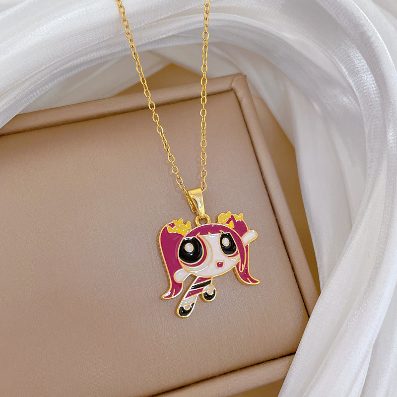 Sweet Cartoon Moon Geometric Rhinestone Pendant Titanium Steel Necklace for Unisex
