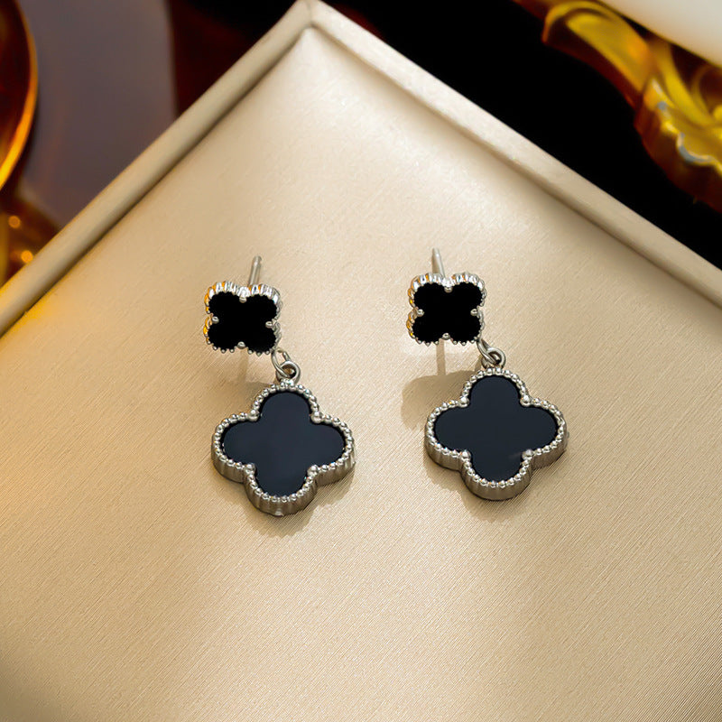 Minimalist Four-Leaf Clover Dangle Stud Earrings in Titanium Steel with Electroplated Finish for Women