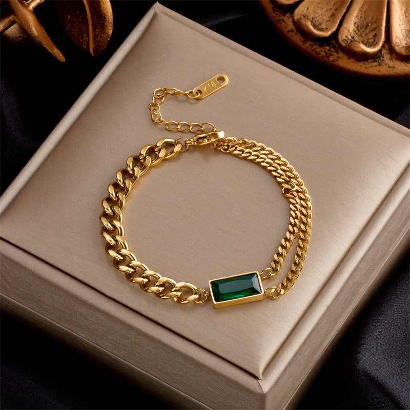 Vintage Asymmetrical Square Link Titanium Steel Bracelet with Green Rhinestone Accents for Women