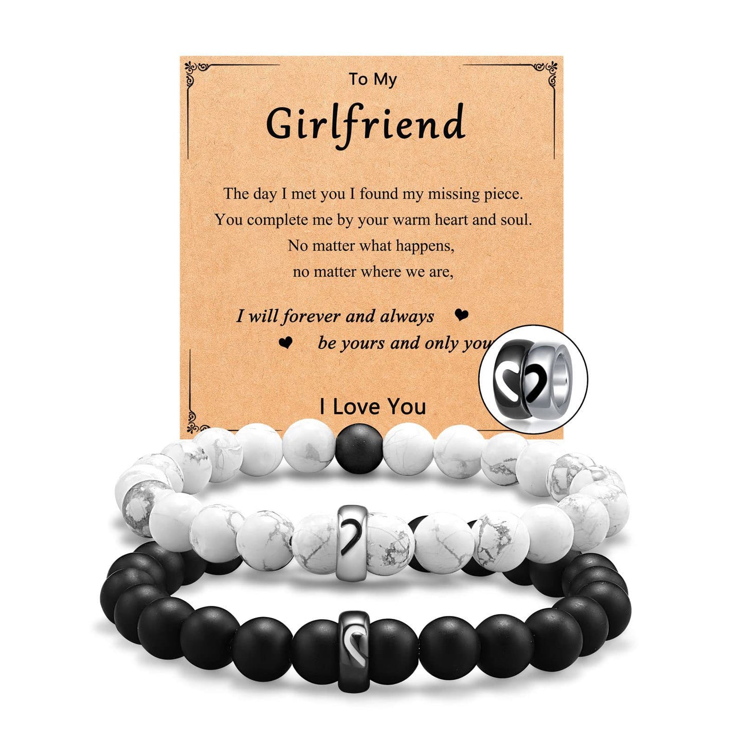 Minimalist Matte Stainless Steel Heart Bracelet Set with Black and White Turquoise for Couples