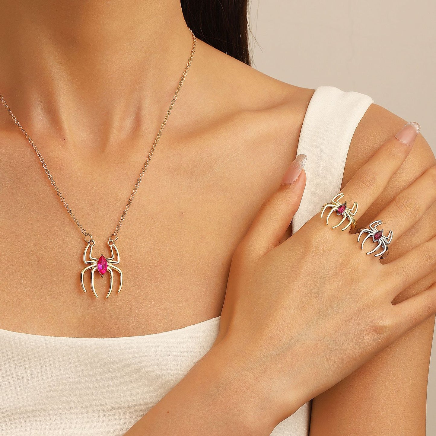 Minimalist Spider Pendant Necklace and Ring Set with Alloy Construction Electroplated Finish for Unisex Wear