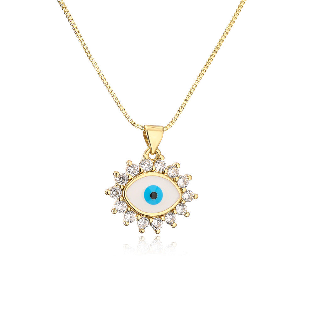 Minimalist Geometric Evil Eye Pendant Necklace in Brass with Enamel Finish and Zircon Inlay