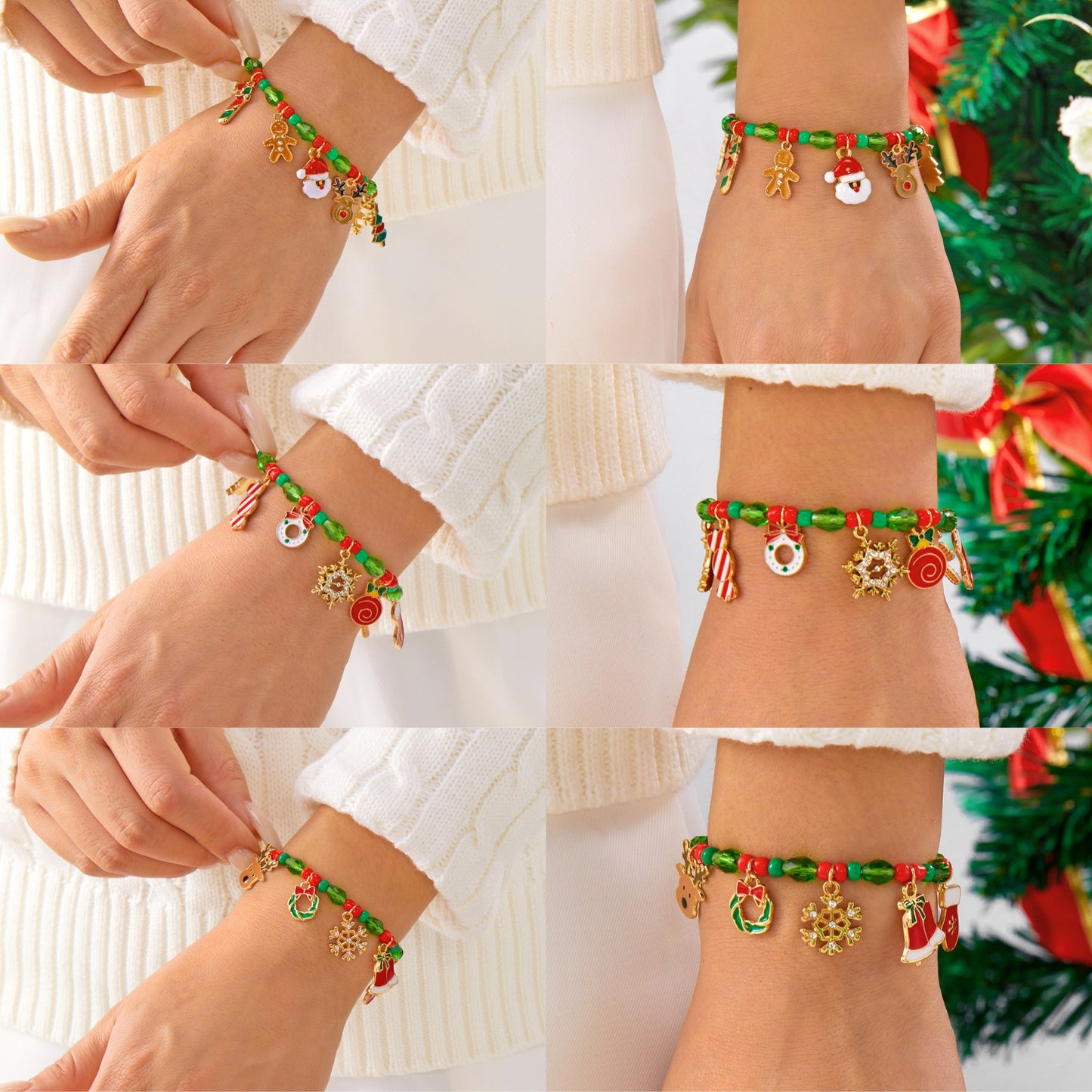 Bracciale in Lega Multi-Ciondolo con Renna Fiocco di Neve Babbo Natale a Tema Natalizio con Finitura Placcata