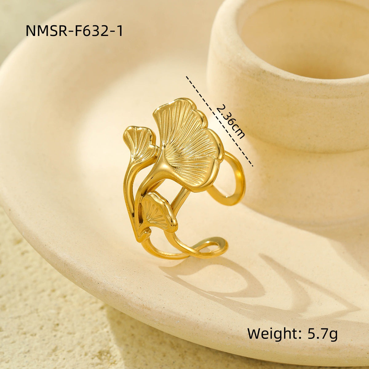 Anillo de Acero Inoxidable con Hoja Floral Vintage y Acabado Chapado para Mujer, Diseño de Banda Abierta Ajustable