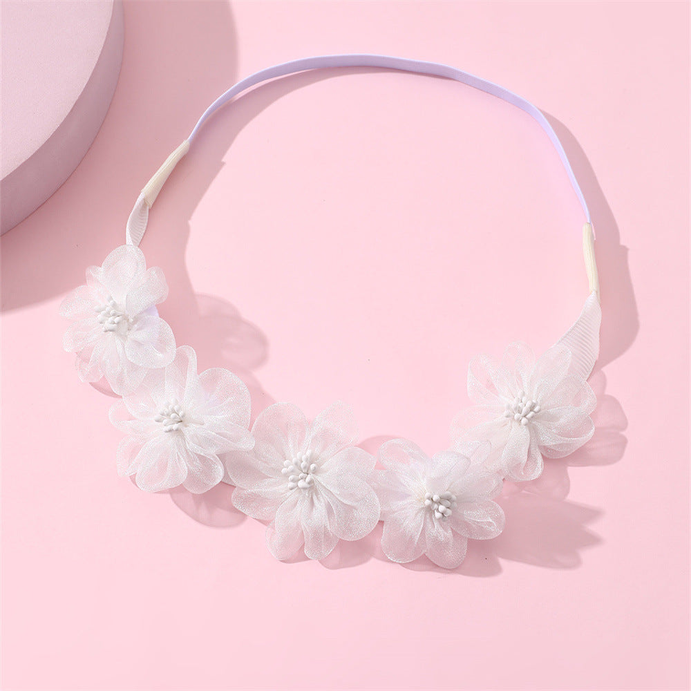 Set di Graziosi Cerchietti Minimalisti per Bambini con Cinque Fiori in Chiffon Bianco