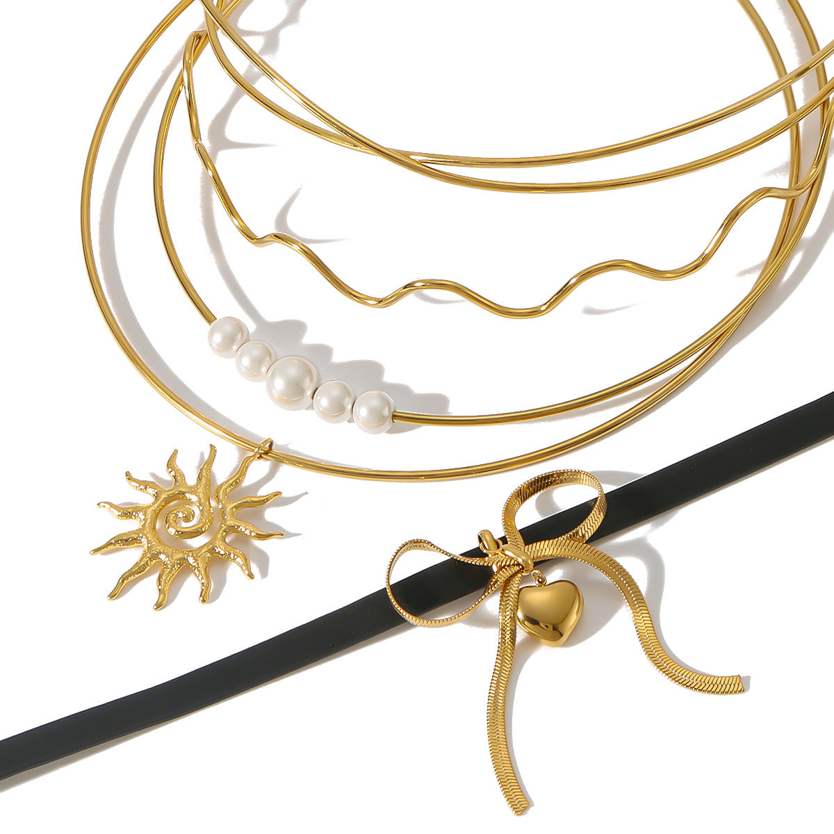 Minimalist Wave-Shaped Sunflower Bowknot Pearl Pendant Necklace in Stainless Steel with 18K Gold Plating for Women