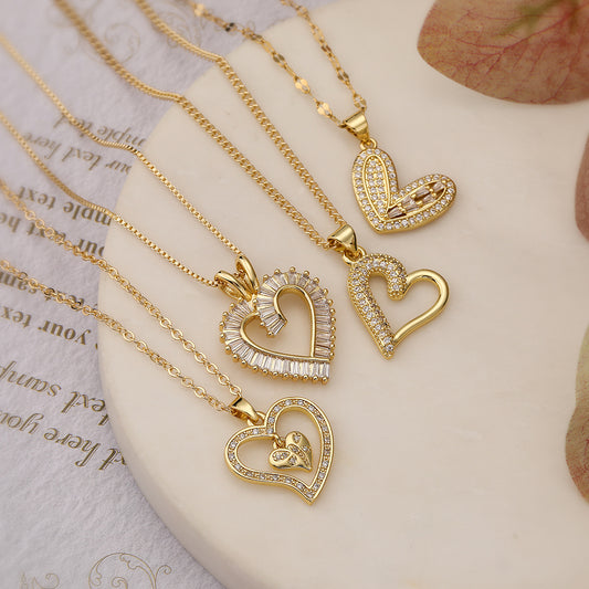 Minimalist Heart-Shaped Copper Pendant Necklace with Real Gold Plating and Zircon Inlay for Women