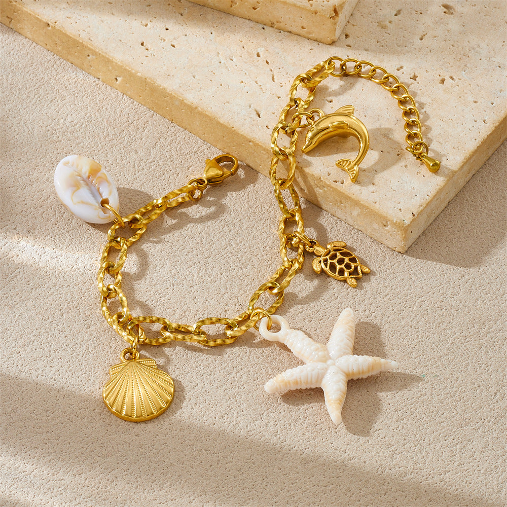 Fashion Elegant Animal Stainless Steel Plated Bracelet with Starfish Shell Turtle Dolphin Charms