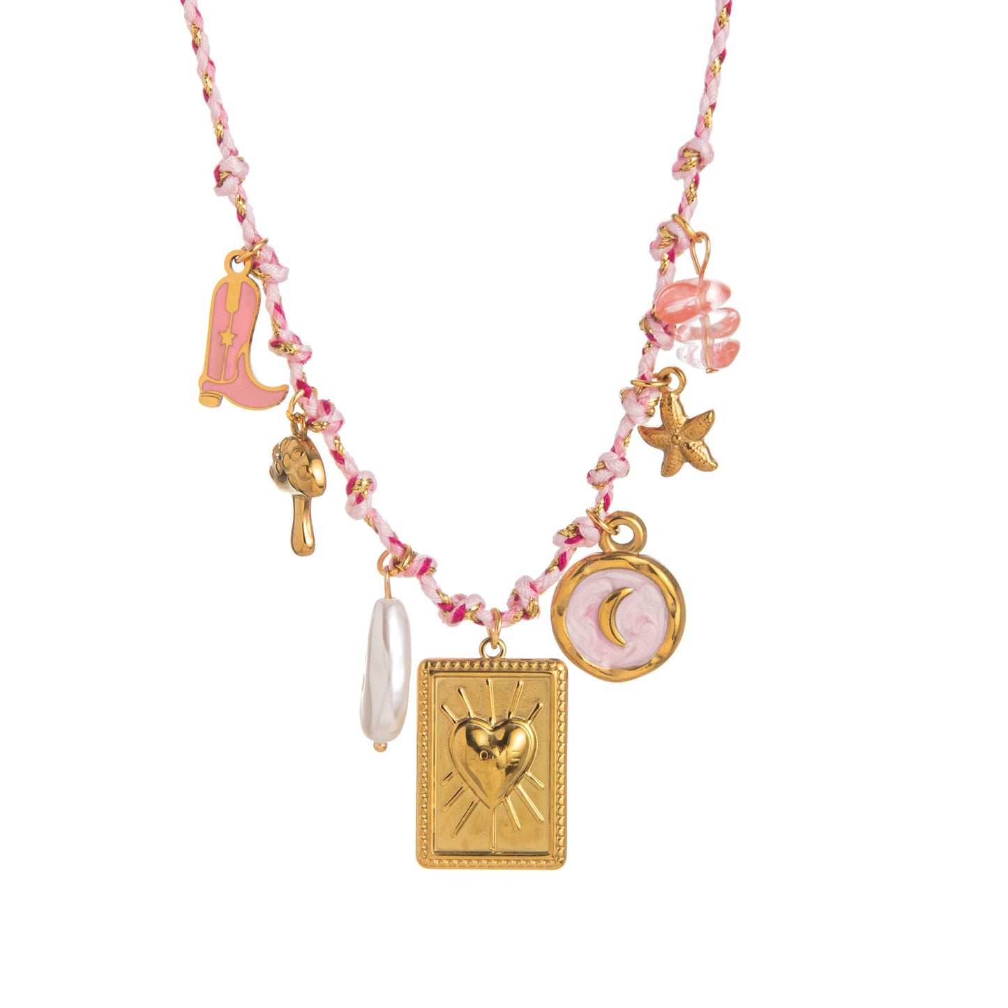 Minimalist Star Pearl Heart Pendant Necklace in Titanium Steel with Plated Finish on Colorful Dopamine Cord
