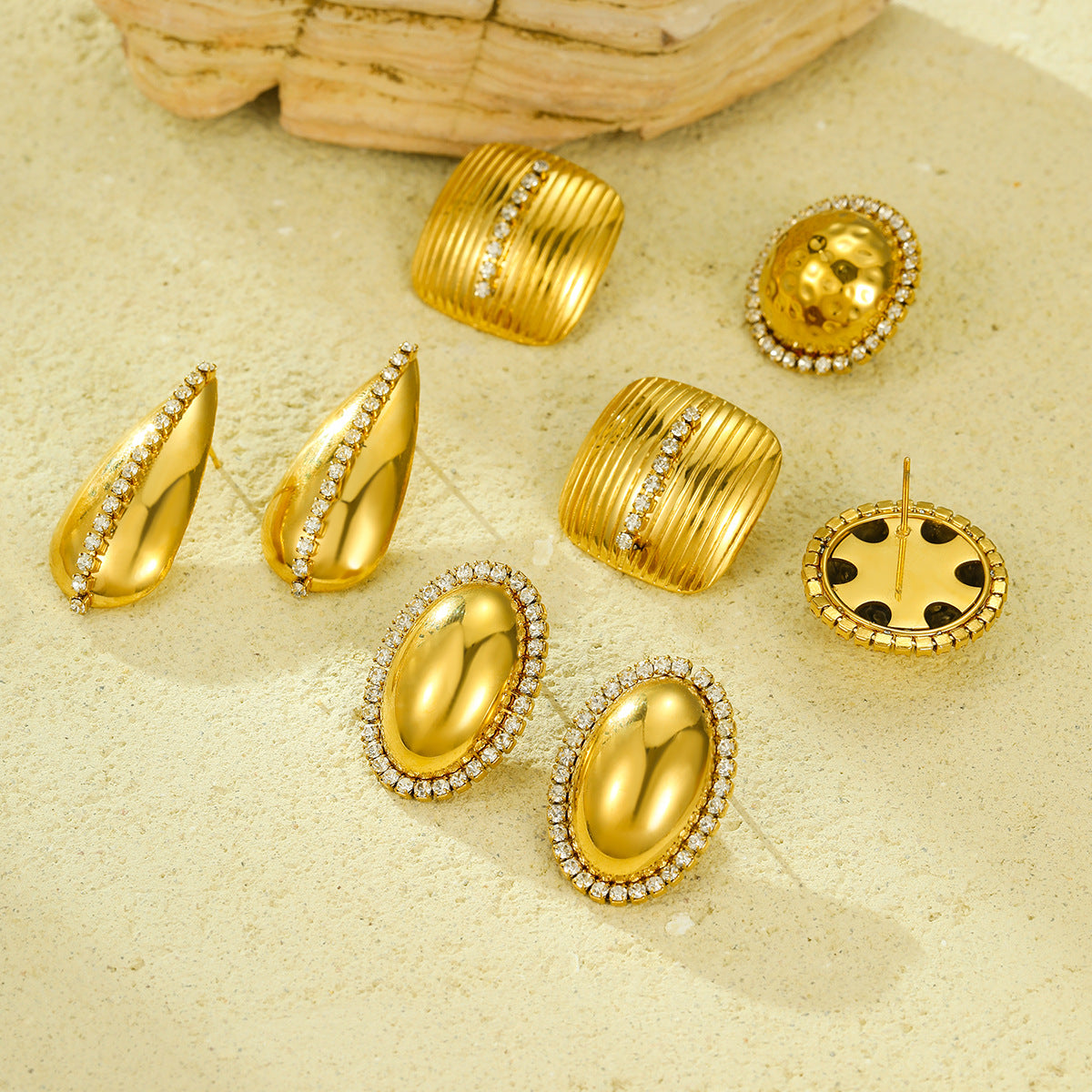 Pendientes de mujer de acero inoxidable con formas geométricas, baño de oro de 18K y incrustaciones de diamantes de imitación