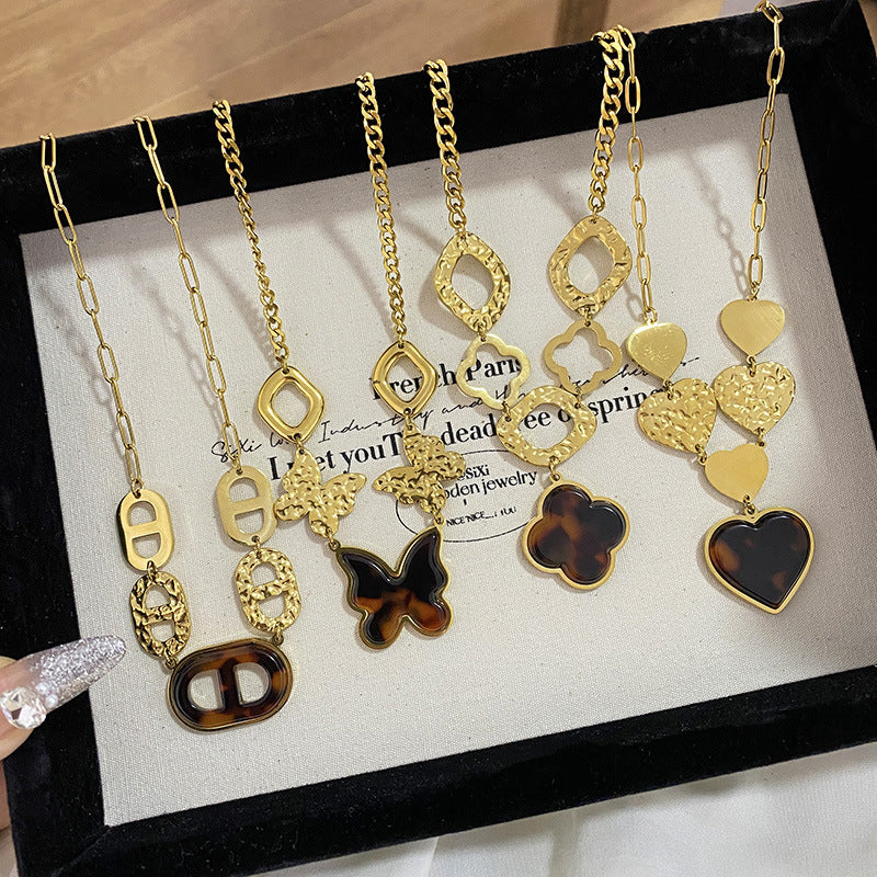 Leopard Print Heart Titanium Steel Plated Necklace