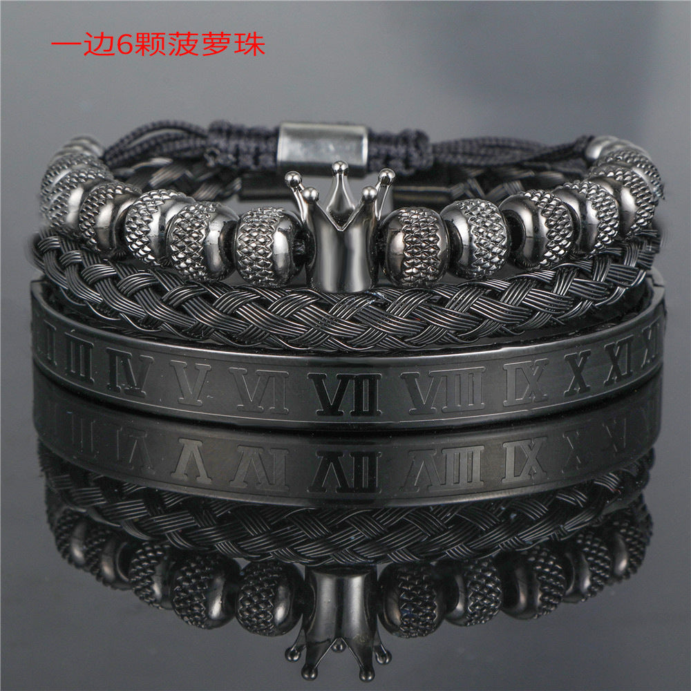 Vintage Crown Geometric Micro-inlay Stainless Steel Mesh Open Cuff Bracelet Set for Unisex