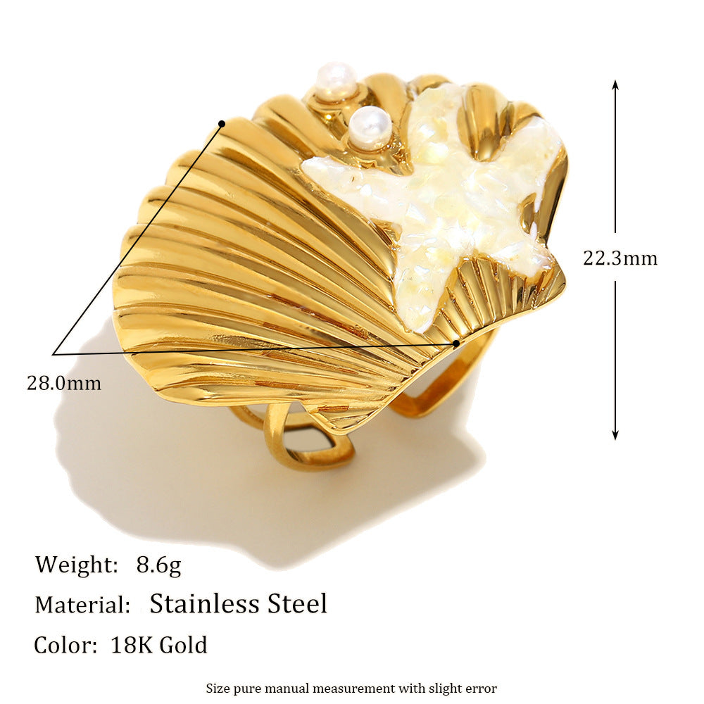 Set di orecchini a perno a goccia in olio a forma di stella marina e conchiglia in acciaio inossidabile placcato oro 18 carati e anello aperto da donna