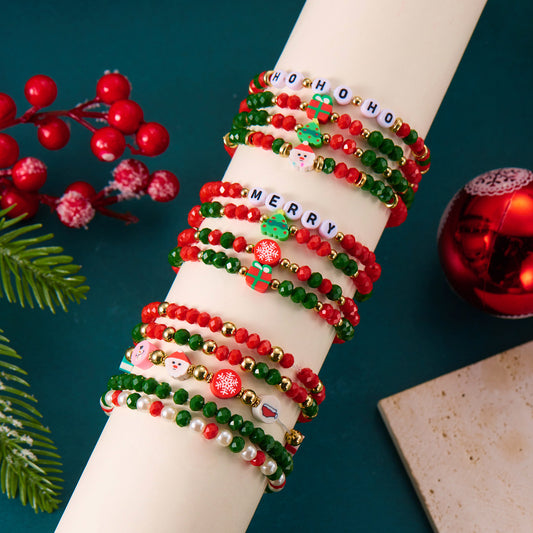 Juego de pulseras de cuentas geométricas con temática navideña para mujer con dijes de copo de nieve, reno y cascabel, pulseras de moda hechas a mano de cristal y acrílico