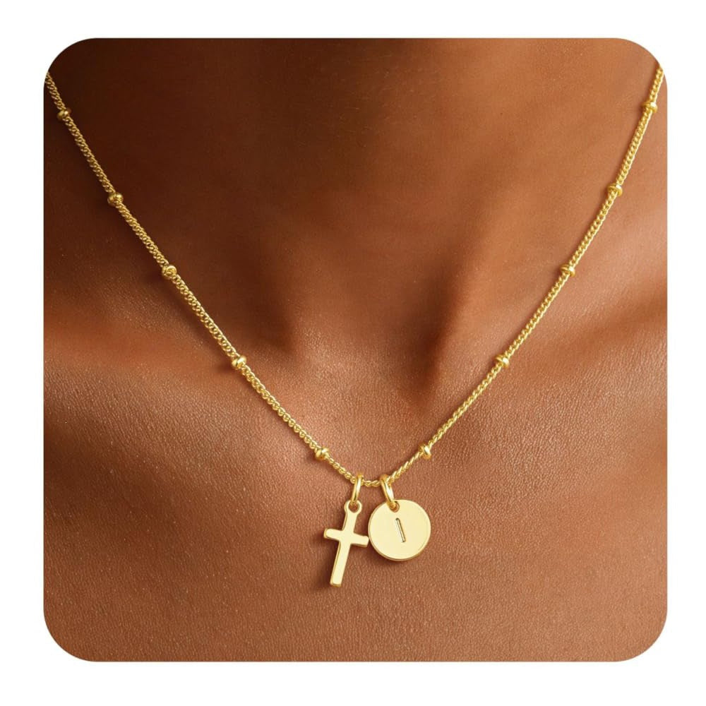 Luxury Elegant Stainless Steel Plated Cross Letter Pendant Necklace Ball Chain Women's Jewelry