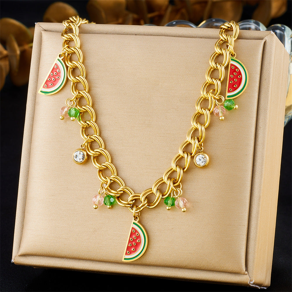 Collana da donna con ciondolo in smalto a forma di anguria e catena in acciaio inossidabile
