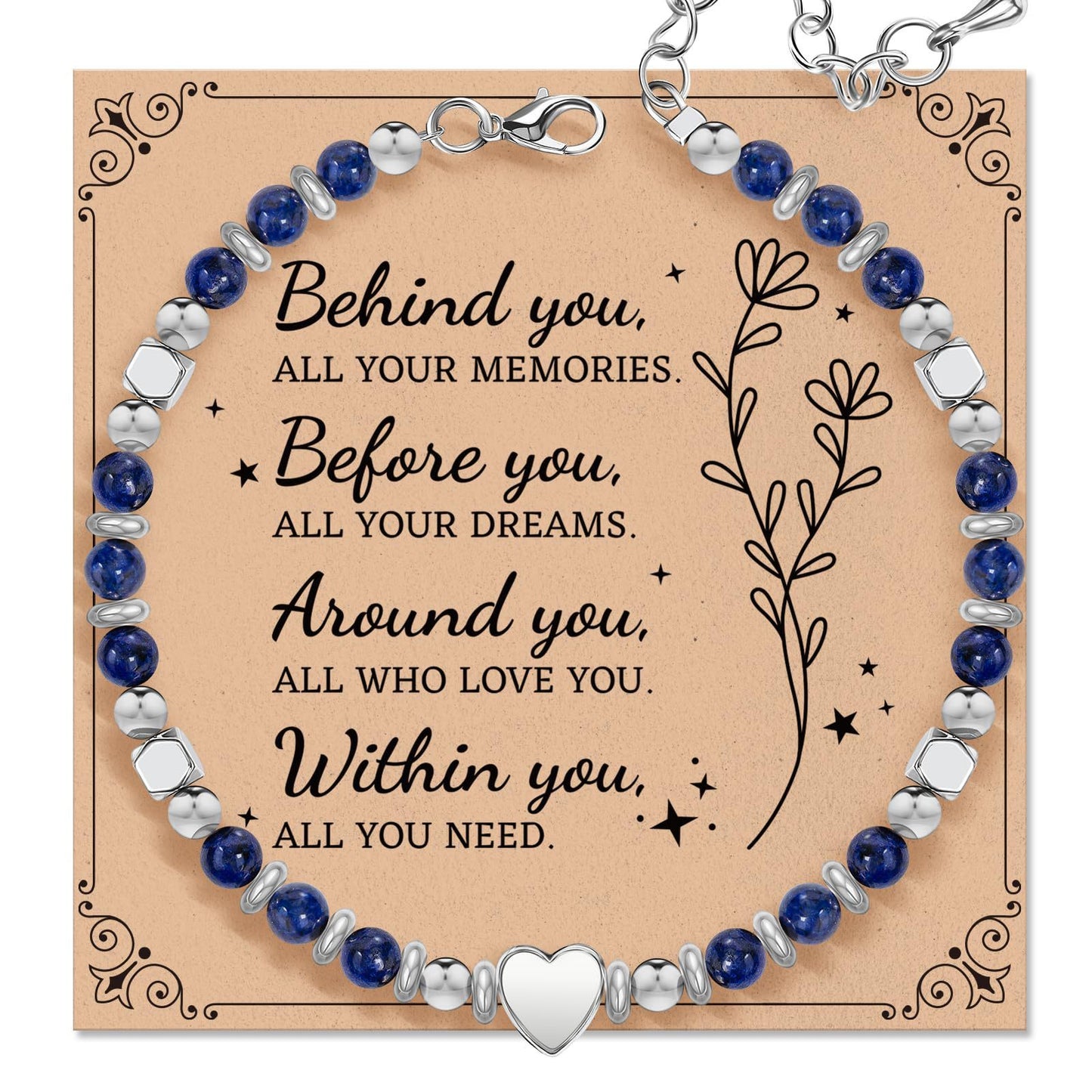 Natural Stone Lapis Lazuli Heart Charm Bar Stainless Steel Adjustable Bracelet Unisex Gift