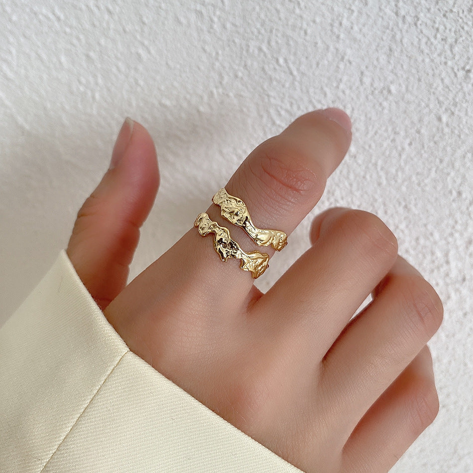 Irregular Textured Double-Layer S925 Sterling Silver Ring for Women with Chain-Inspired Design and Natural Texture