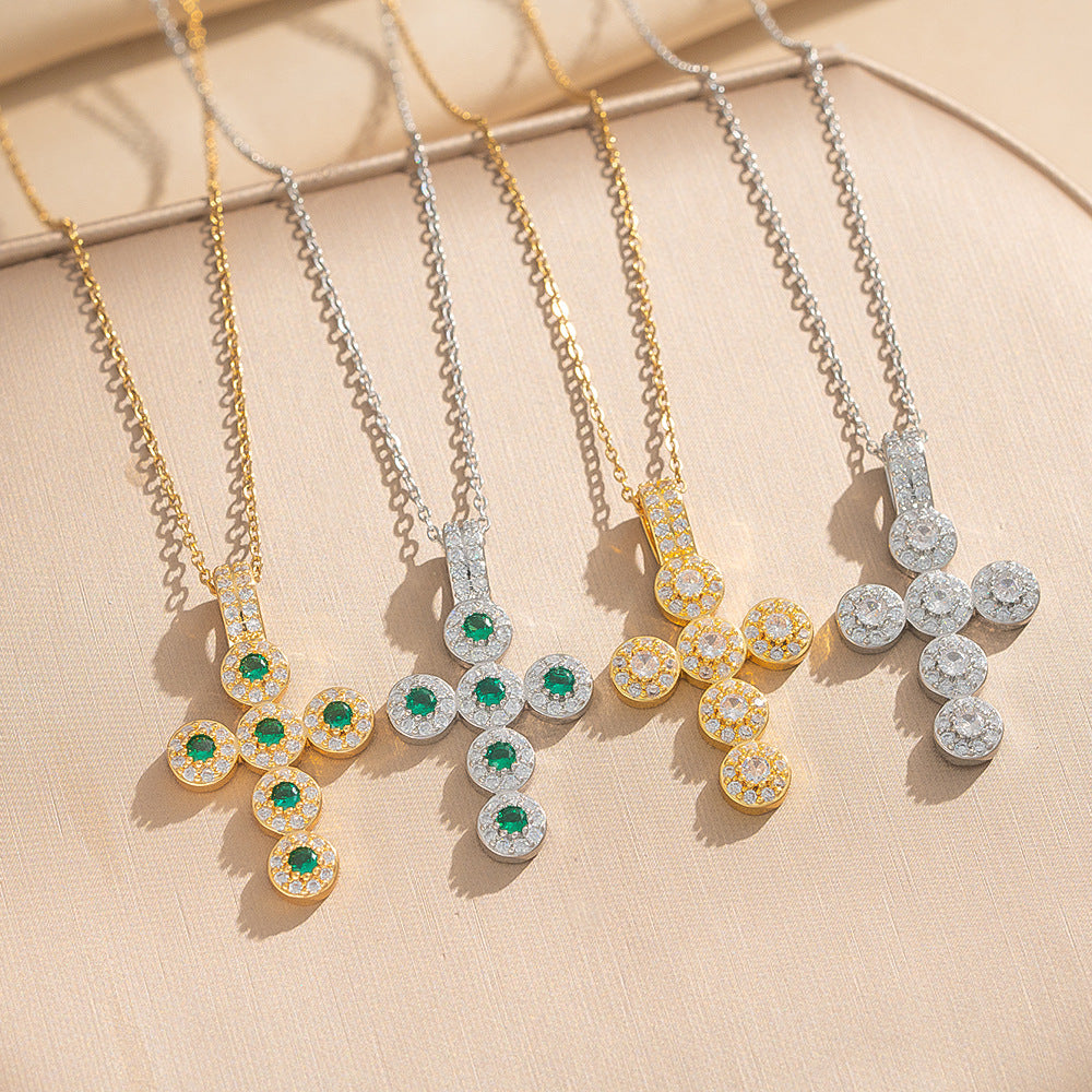 Minimalist Cross Pendant Necklace for Women in Titanium Steel with Micro-Paved Green Zirconia, Hypoallergenic Gold-Plated Finish