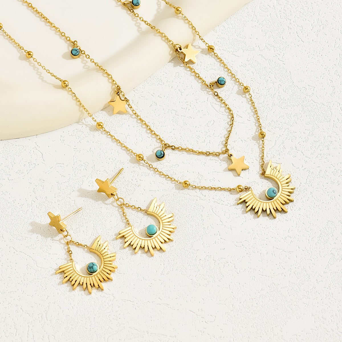 Juego de collar y pendientes de cobre con incrustaciones de turquesa floral de moda para mujer con diseño de pétalos