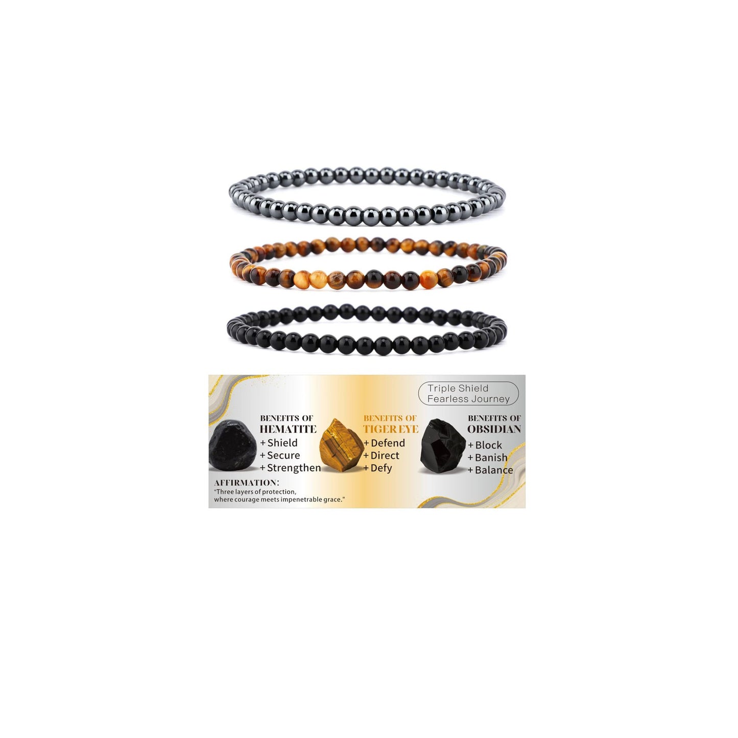 Ethnic Natural Stone Beaded Bracelet Set Round Tiger Eye Gemstone Handmade Unisex Jewelry