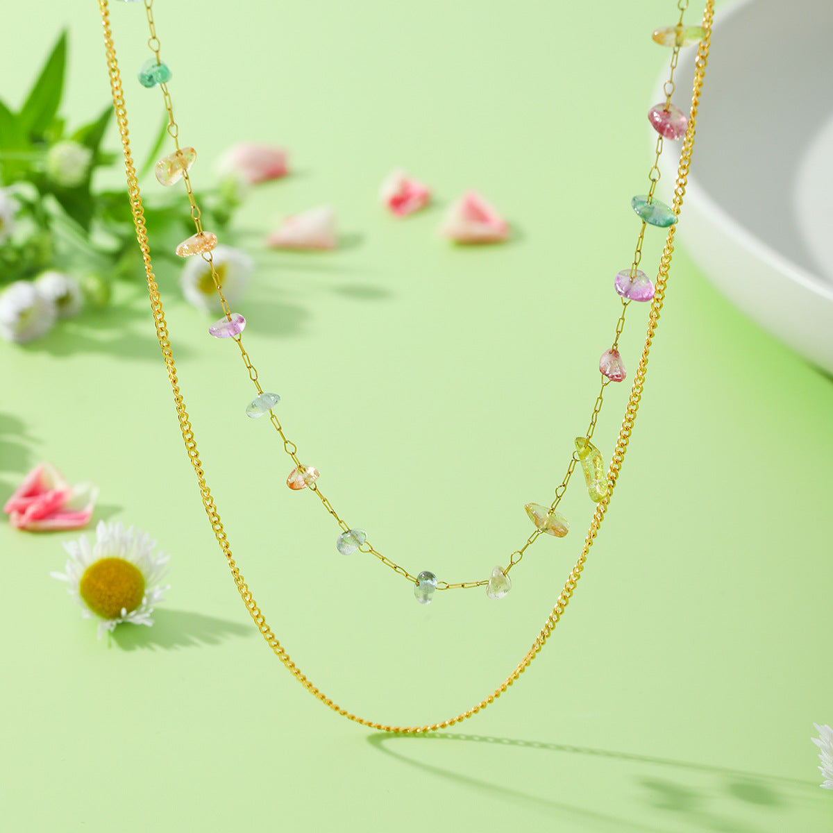 Minimalist Geometric Stainless Steel Plated Double-Layer Clavicle Necklace with Colorful Natural Stone Inlay