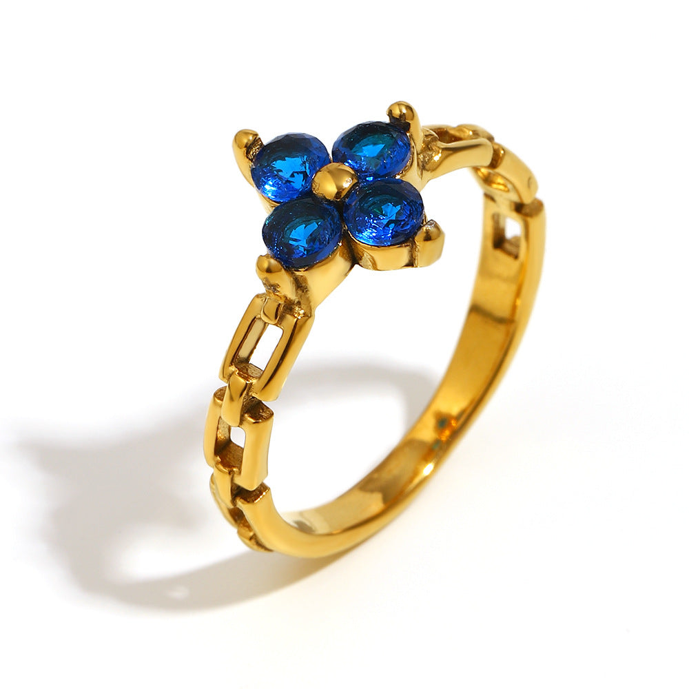 Anello Minimalista Geometrico in Acciaio Inox con Placcatura in Oro 18K e Dettagli in Zirconi per Donna