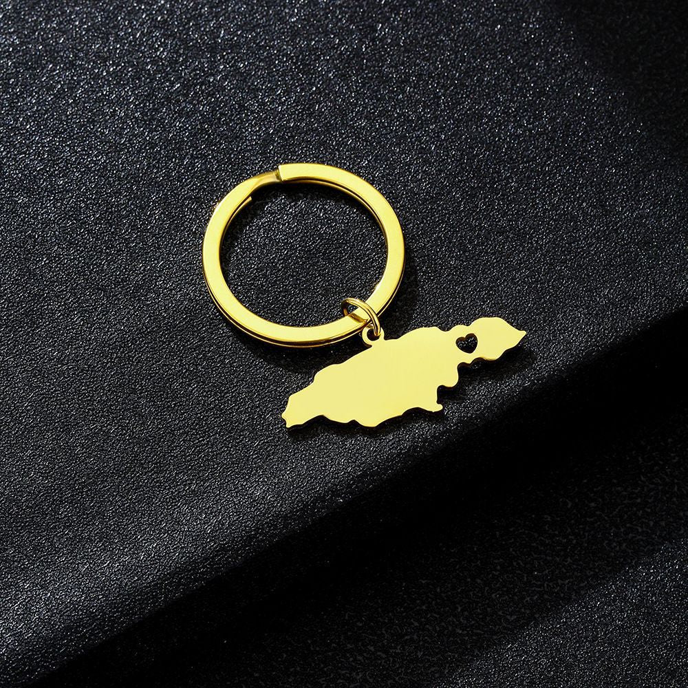 Llavero con colgante de mapa de Jamaica y ciudad estilo étnico en acero de titanio para hombres y mujeres