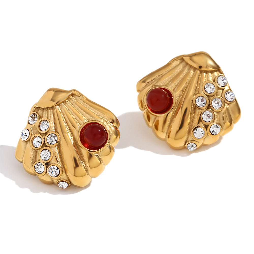 Orecchini a perno con rubino placcati in oro 18 carati in acciaio inossidabile con conchiglia geometrica vintage alla moda per donna