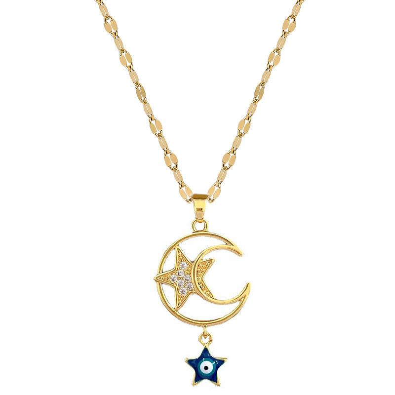 Minimalist Star and Moon Pendant Necklace for Women in Stainless Steel with Plated Finish, Delicate Clavicle Chain