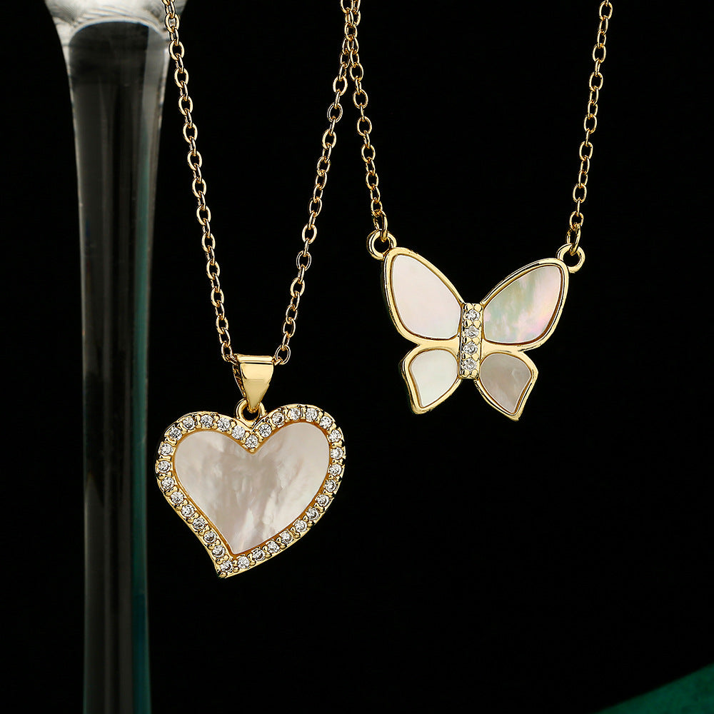 Collana con Pendente a Cuore Minimalista in Rame, Placcata Oro 18K e con Intarsio di Zirconi, da Donna