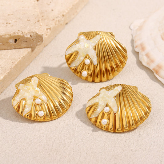 Fashion 18K Gold Plated Stainless Steel Starfish Shell Drop Oil Stud Earrings and Open Ring Set for Women