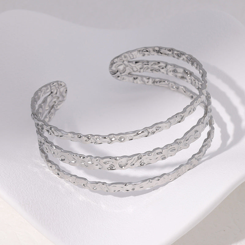 Minimalist Geometric Stainless Steel Bracelet with Irregular Textured Lines for Women