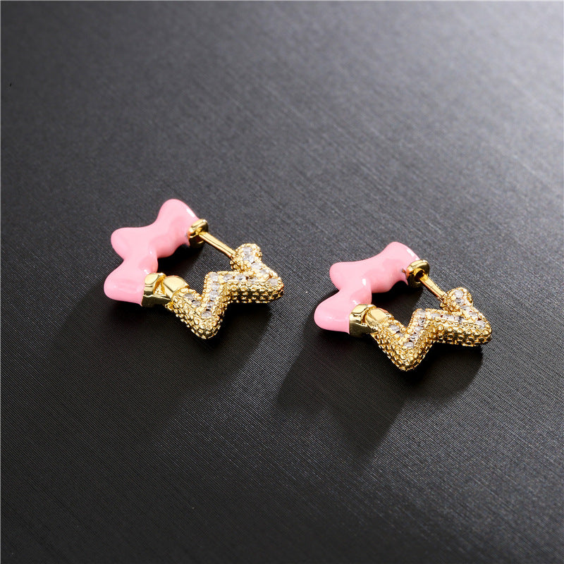 Colorful Drip Oil Cubic Zirconia Star 18K Gold Plated Brass Hoop Earrings for Women