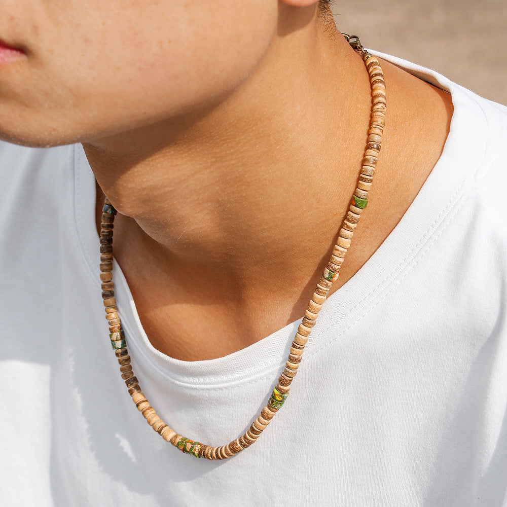 Vintage Bohemian Ethnic Handmade Geometric Coconut Shell Wood Beaded Stone Pendant Necklace for Unisex