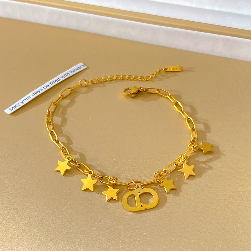 Sweet Minimalist Star Letter Titanium Steel Plated Bracelet with Tassel