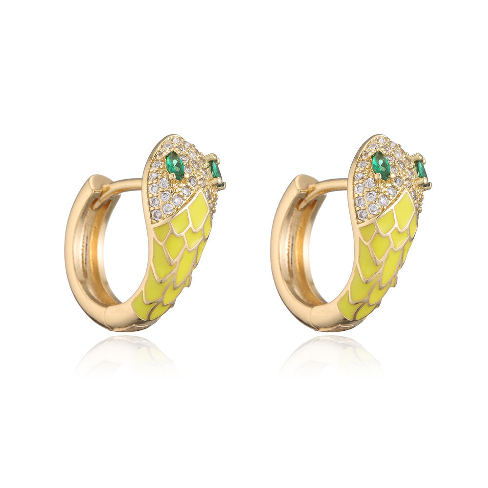 Orecchini minimalisti geometrici a forma di serpente in rame con placcatura in vero oro e zirconi micro-pavé
