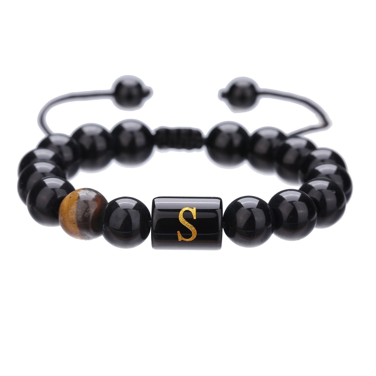 10mm Round Agate Beaded Bracelet with Alphabet Letters Adjustable Unisex
