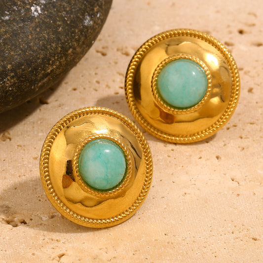 Orecchini a perno da donna in acciaio inossidabile placcato oro 18 carati con motivo geometrico francese vintage e amazzonite tonda